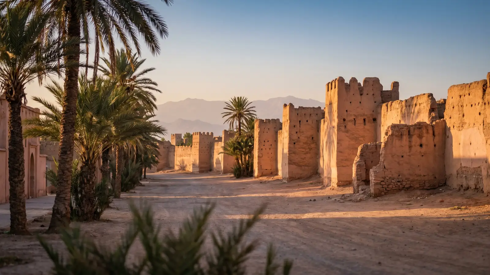 Ochre mud-brick ramparts of Taroudant in warm evening light, lined with palm trees